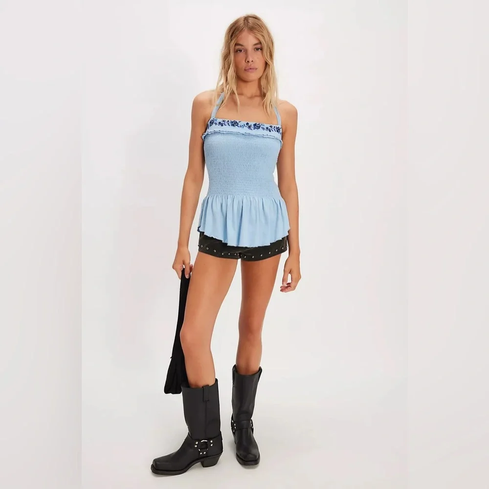 Free People Alee Smocked Babydoll Halter Top Cornflower Blue XS NWT